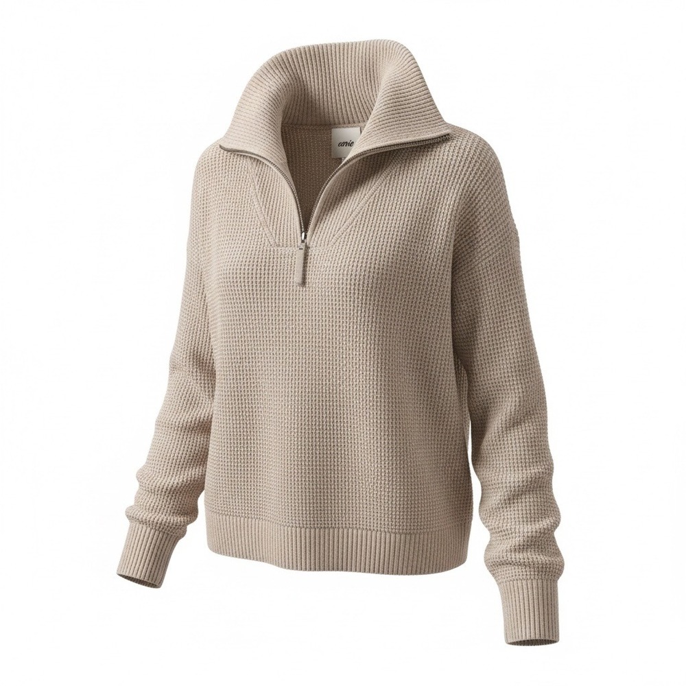 Aerie Womens Tan Waffle Knit Quarter Zip Sweater Small Oatmeal Cozycore Oversize